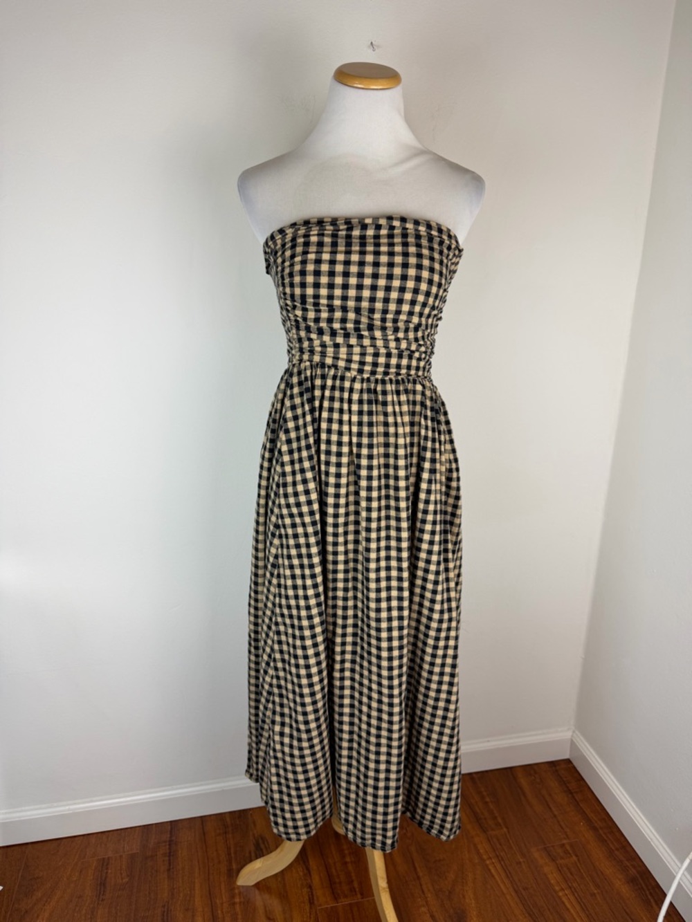Dissh Elm Beige Gingham Strapless Midi Dress size AU 6 US 2 - Picture 3 of 6